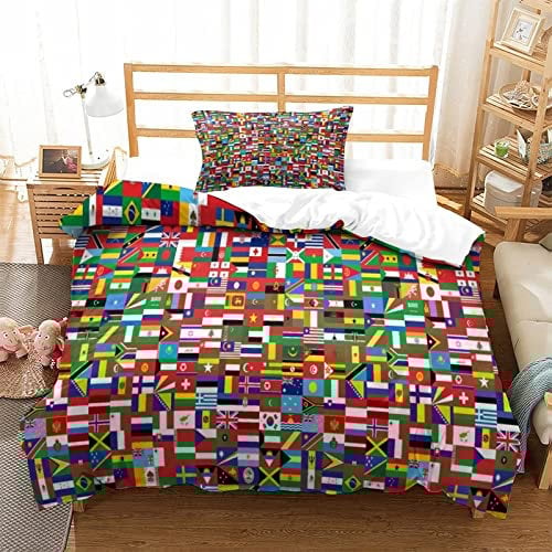 WAKAIP World Countries Flag Duvet Cover Set 3 Piece Bedding Set with 3D Print Pattern Soft Comforter Cover with Pillowcases,Flag Icon Quilt Cover with Zipper for Boys Girls Single(135x200cm)