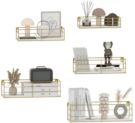 HORLIMER Estanteria Pared de 5 Piezas con Varillas Metálicas Dorada y Tablero de Madera Blanca, Baldas Pared para Recibidores, Baño, Cocina, Salon, Oficina (Rectangular)