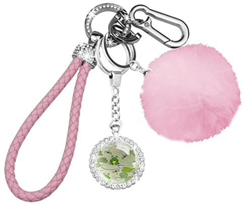WOSHJIUK Schlüsselanhänger Set für Frauen Flauschige Plüschkugel Schlüsselanhänger,Frosch Lotusblatt Libelle,Schlüsselanhänger Handtasche Handtaschen Dekoration