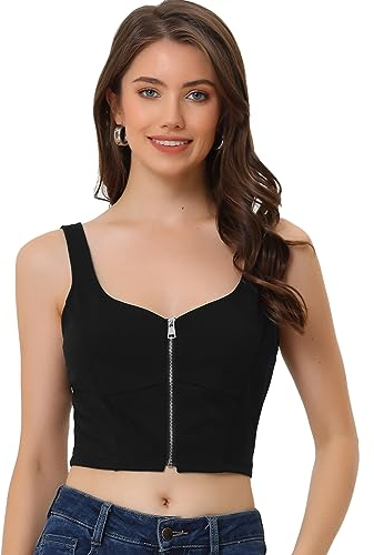 Allegra K Damen Crop Top Ärmellos Spaghettiträger Reißverschluss Sexy Cami Tanktops Schwarz S