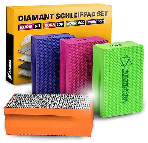 Amboss Werkzeuge Schleifklotz Set Korn: 60-400 - Diamant Schleifpad - Schleifschwamm/geeignet für Fliesen + Feinsteinzeug + Glas + Granit + Marmor