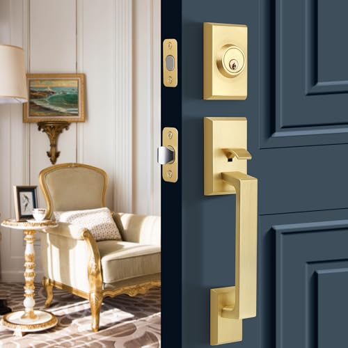 Gaurqiah Handle Set, Heavy Duty, Front Door Entry Handle and Deadbolt Lock Set, Exterior Door Lock Set with Latch, Single Cylinder Handle Set, Reversible for Right and Left Side, Satin Brass