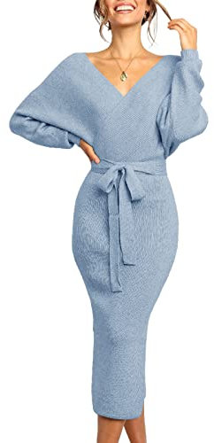 Saodimallsu V-Ausschnitt Strickkleid Damen Elegant Langarm Pulloverkleid Weihnachtskleid Schlitz Offener Rücken Figurbetontes Kleid mit Gürtel Blau Mittel