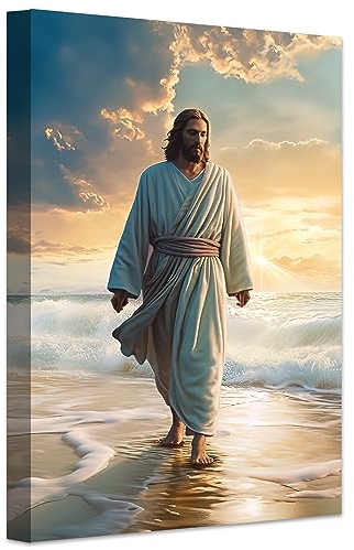 LZIMU Jesus Bild auf Leinwand Jesus geht am Strand Leinwand Bild Gott Poster katholisches Kunstwerk für spirituelle Raum Wanddekoration Gerahmt (3, 40.00x60.00cms)