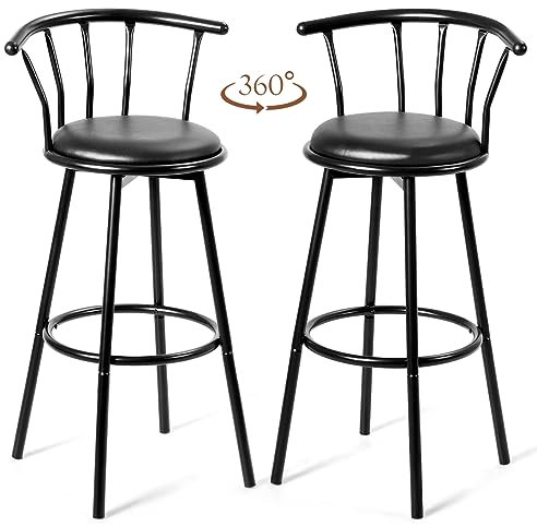 HOMASIS Lot de 2 tabourets de bar rotatifs à 360 ° avec dossier et repose-pieds - Chaises de cuisine en métal et cuir - Ronds - Hauteur : 72 cm - Pour bar, restaurant, noir