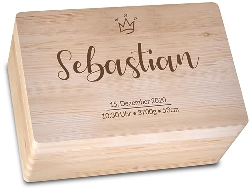 Geschenkfreude personalisierte Erinnerungsbox mit Namen 30x20x14cm - Kinder | Gravur, Aufbewahrungsbox zur Geburt oder Taufe, Holzkiste mit Gravur, Erinnerungskiste personalisiert
