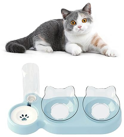 Gamelle Chat Sureleve, Gamelles Doubles pour Chat, Gamelle Chat, Chaton Gamelle avec Distributeur Eau, Bol Double Réglable, avec Support Surélevé, Eau et Nourriture, Évite Les Blessures au Cou (Bleu)