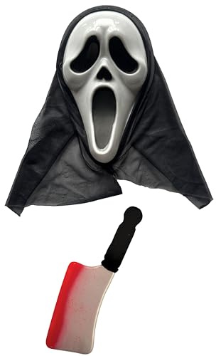 labreeze Scream Mask with Hood, Ghost Killer Face Mask, Fake Blooded Cleaver Weapon Prop - Halloween Horror Fancy Dress Set