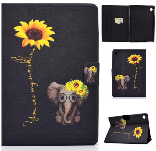 ONETHEFUL Hülle Etui für Samsung Tab A9 TPU Klapp Tasche Schutzhülle Huelle mit Standfunktion Magnetverschlusse für Samsung Tab A9 Gänseblümchen Elefant