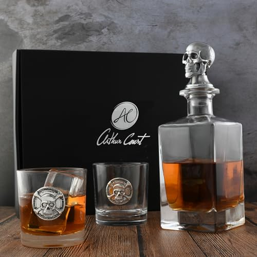 Arthur Court Skull Liquor Decanter Set with Pair of Skull Glasses 750 ml Groomsmen Gifts, Wedding Gifts For Couple, Bar Décor, Or Man Cave Décor, 496X23