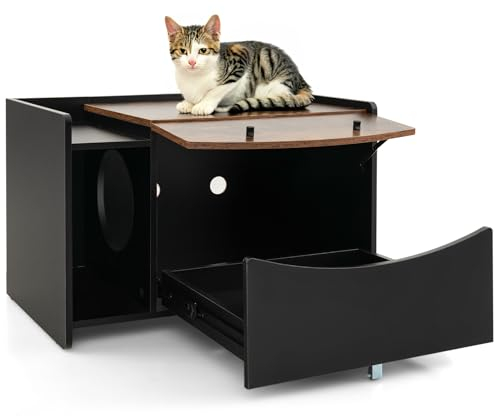 GYMAX Cat Litter Box Enclosure, Hidden Kitty Washroom Storage Cabinet Nightstand with Pull-out Drawer, Rolling Caster & Front Flip Open Door, Wooden Cat Houses Pet Crate for Living Room Bedroom