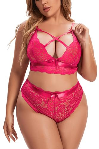 Aranmei Ensemble de lingerie sexy grande taille pour femme avec soutien-gorge et culotte en dentelle, Rose vif, XXL