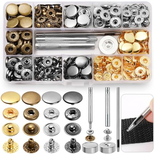 Ysimple 80 Sets Druckknopf Set, 4 Farben 15mm Druckknöpfe Ohne Nähen mit 4 Fixierwerkzeug Kit, Farbig Kupfer Druckknöpfe Metall Ohne Nähen für Leder Handwerk, Jacke, DIY Kleidung