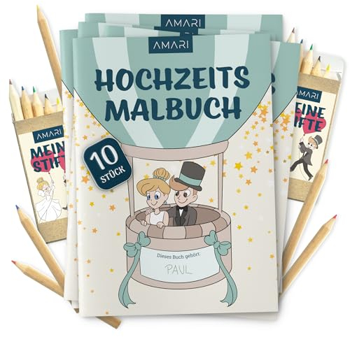 AMARI ® Hochzeitsmalbuch 10er Set inkl. Buntstifte - Gastgeschenk für jede Hochzeit - Kinder Malbuch Set als Beschäftigung, Gäste Notfallkörbchen - Gastgeschenke für Unterhaltung