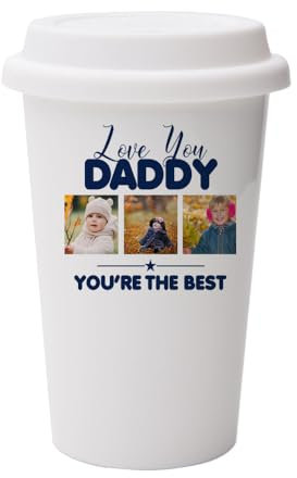 Personalised Photo, Father's Day Gift, Love You Daddy You're The Best, Wall Eco Insulated, White Ceramic Travel Mug, with White Lid.