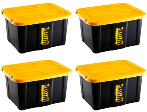 Acan Tradineur - Lot de 4 boîtes de rangement empilables avec couvercle - En plastique - Tiroir multifonction - Organisation d'outils - Maison - Fabriqué en Espagne (17 litres - Jaune/Noir - 39,5 x