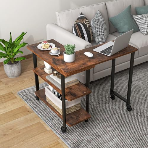 GYMAX Scrivania per Computer PC, Tavolo d'Angolo, Tavolino Laterale, 6 Ruote, Retrattile Regolabile a 360°, 3 Strati, per Studio Ufficio Casa (S)