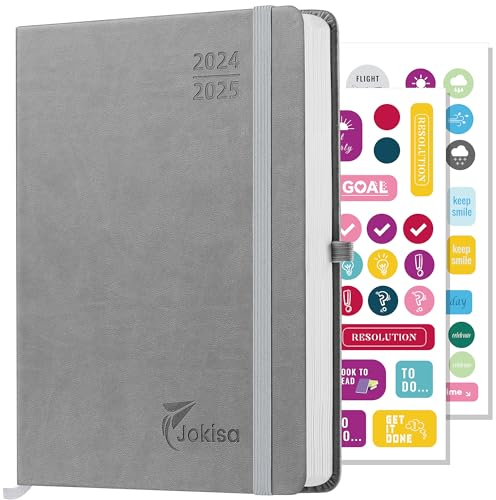Jokisa Kalender 2025 Buchkalender, Terminplaner 2025 als Semesterplaner ca. A5 (22 x 16 cm), 17-Monate-Terminplaner mit Wochenplaner-1 Woche 2 Seite (Aug.2024-Dez.2025) (Grau, 22 x 16 cm)