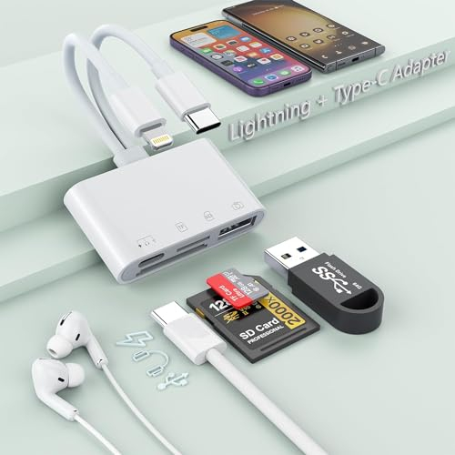 SD Kartenleser für iPhone iPad, USB 6 in 1 Lightning Adapter SD/TF-Karte, Audio Typ C/Laden PD60W, USB 3.0 Plug & Play, Speicherkartenleser für iPhone15/14/13/12/11, Samsung