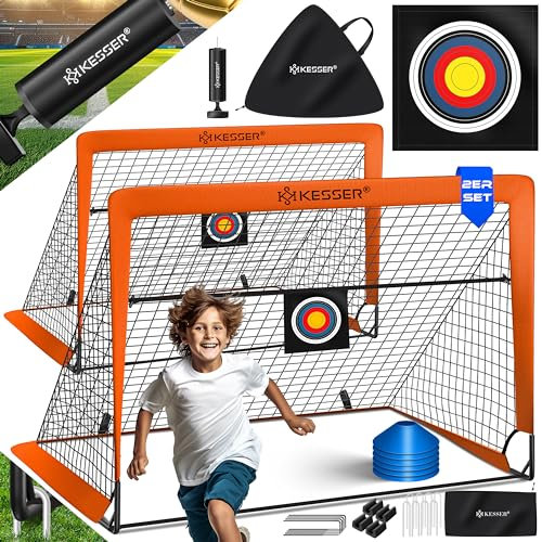KESSER® Fußballtor Kinder Pop-Up 2er Set | Fußball-Tore Faltbar mit Glasfaserstangen & hochwertigen Tornetzen für Indoor, Outdoor & Garten | Mit Transporttasche Hütchen Ballpumpe Zielscheibe Orange