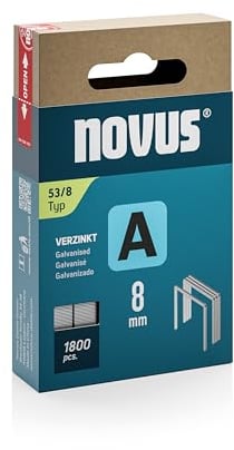NOVUS TOOLS Feindrahtklammern 8 mm, 1800 Tacker-Klammern vom Typ 53/8, Schiebeschachtel, Heftmittel für Stoffe, Gewebe und Maschendraht