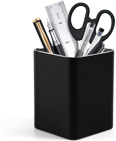 WENFEN Pencil Pots For Classroom,Desk Accessories And Storage Products,Metal Pen Holder for Desk Round Aluminum Desktop Organizer and Makeup Brush Holder Storage Box(Black Square)