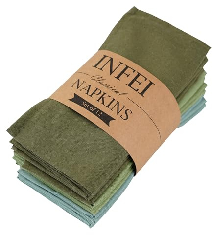 INFEI Solid Color Linen Blended Thin Dinner Cloth Napkins - Set of 12 (40 x 40 cm) - for Events & Home Use (Multi Green)
