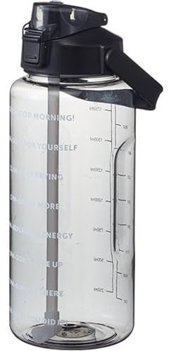 Ogetok Grande bouteille d'eau de 2 l - Noire - Bouteille d'eau de 2 litres - Anti-fuite - Sans BPA - Avec poignée, paille et marqueur de temps - Pour le fitness en plein air