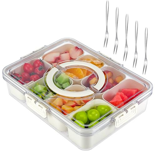 Farerkass Bandeja de Aperitivos con Tapa, Snack Box, Plato de Aperitivos con 8 Compartimentos y 5 Tenedores de Acero Inoxidable, para Verdura, Nueces y Fruta