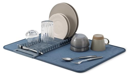 Umbra Udry Geschirr Abtropfgestell und Mikrofaser Abtropfmatte – Faltbar, Platzsparend und Leicht Verstaubar, 60 x 45 cm, Schieferblau