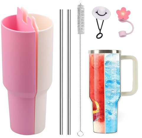 SOSAZOZA Silicone 2 in 1 Drink Separator, Accessories for Stanley Mugs, Reusable Liner Separator, Also Includes Two Straws, A Straw Brush, Two Straw Caps, Fits Stanley Cup 40 OZ (Pink and White)