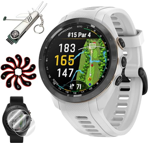 Garmin 010-02746-00 Approach S70 42 mm Premium GPS-Golf-Uhr, weißes Band, offizielles USA-Partnermodell, Paket mit Deco Essentials 2er-Pack Displayschutzfolie, 7-in-1 Golfwerkzeug,