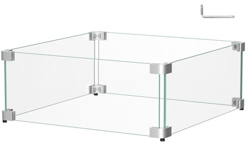 BriSunshine Glas-Windschutz für Propangas-Feuerstelle, quadratisch, dick, gehärtetes Glas, Glasbarriere mit Aluminium-Eckhalterung und Gummifüßen, 50,5 x 50,5 x 15,2 cm