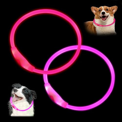2 Pack LED Dog Collars, 27.5 in Cuttable USB Rechargeable Lighting Glowing Pet Collar for Night and Safety Light up Collar for Small Medium Large Cats Dogs (Pink, Red)