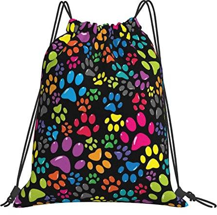 Richugui Rucksack mit Kordelzug, bunt, Hundepfoten, Kordelzug, Sporttasche, Turnbeutel für Damen und Herren, Rucksäcke, Schwimmtasche für den Strand, Schwarz, One size