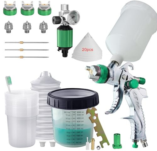 HVLP Lackierpistole Druckluft Spritzpistole Sprühpistole 3 Düsen 1,4 mm, 1,7 mm, 2,0 mm Farbsprühsystem Mit Einweg Mischbecher Enthalten 10 Stück 600ML Deckel und Innenbecher Druckregler Kits (Grün)