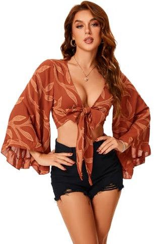 Women's Floral 70s Top Hippie Shirt，Boho Tops for Women Bow Tie Front Disco Deep V Ruffle Blouse, Brown, 1X-Small