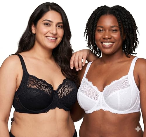 COSHAL® 2 Womens Floral Lace Underwired Bra Full Coverage – Soft Cup Non-Padded Push up Bra Adjustable Straps Women Every Day Black & White Bras