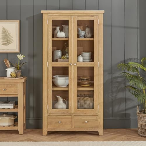The Furniture Market Cheshire Whitewash Oak | Glazed Tall Display Cabinet Unit | Wooden Storage Shaker Design | Adjustable Shelves | H 1805 x W 910 x D 410mm
