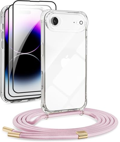 DiDaDi 5 in 1 Handykette Set Für iPhone 17 Air Hülle mit Band Transparente Handyhülle Abnehmbare Schutzhülle mit Lanyard, 2X Panzerglas & Kameralinse Film (Roségold)