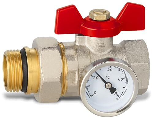 Instalguru Kugelventil 1''x1 1/4'' IGxAG 10 bar Absperrventil mit Thermometer Verschraubung Drossel Dichtring Stopfbuchse PTFE Kugel Verchromt Messing Roter Flügelgriff
