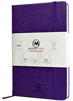 Rhodium Mines A5 Notebook, Lined, (20.8cm x 13.1cm), Hardback | Premium 100gsm Thick Ivory Paper, Classic Ruled Writing Journal, Hardcover, PU Leather, (PURPLE)