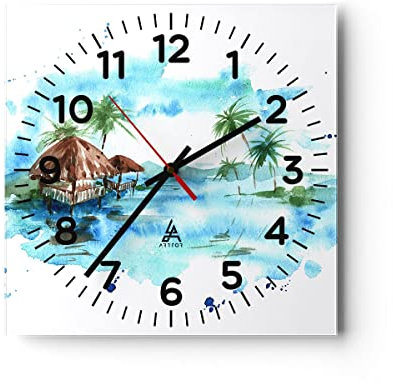 Modern Wanduhr Tropen Wasser Bungalow Ufer 30x30cm Quadrat Klein Wand Uhr Glas Analog Zimmeruhren Küche Büro Wohnzimmer Glasuhr Wall Clock Dekoration Design Wanddekoration Küchenuhr C4AC30x30-2988
