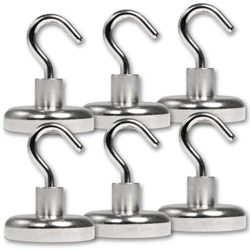 6 Stück Neodym Magnet Haken 32 mm - Magnethaken Extra Stark - 35 KG Zugkraft - Topfmagnete mit M4 Gewinde Bohrung Kühlschrank Whiteboard