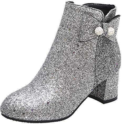 LUXMAX Stivali Donna Glitter Paillettes con Tacco Medio Blocco Grosso Fiocco Scarpe Cerniera Eleganti (Argento) - 42 EU