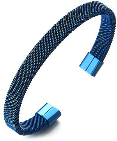 COOLSTEELANDBEYOND Elastische Verstellbare-Edelstahl Blau Gitter Stahlkabel Armband Herren Damen, Armreif