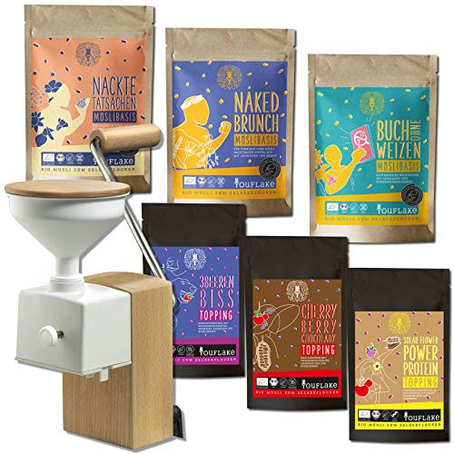 Komo Flocino Starter Kit | 3 cereales BIO Base + 3 toppings BIO + RAW | madera de haya | acero inoxidable | Komo...