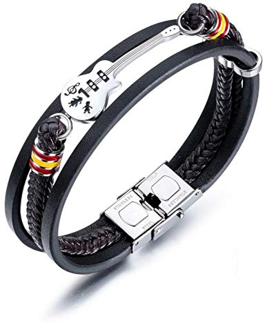 ESTUYOYA - Armband aus Leder und Edelstahl Exklusives spanische Flagge und spanische Gitarre mit Anti-Lost-Sicherheitsschloss Einstellbare Größe Unisex