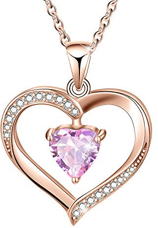 Winglove Forever Love Heart Necklace 18K Gold Plated 925 Sterling Silver Birthstone Pendant Necklace with 5A Cubic Zirconia Birthday Gifts for Women and Girls.(Rose Gold-Oct-Tourmaline)