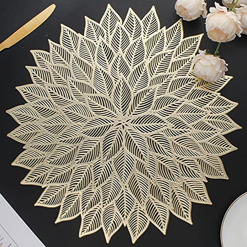 Mabbcoo Placemats Set of 6, Round Hollow Out Flowers Place Mats for Dining Table Pressed Vinyl Blooming Leaf Table Mats for Holiday Party Wedding Accent Centerpiece Dinner Decoration (Gold)